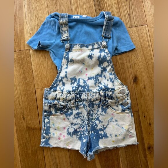 Zara & Gap Girls Outfit Babydoll Tshirt Bleached Short Overalls Size 6-7 - Picture 2 of 9